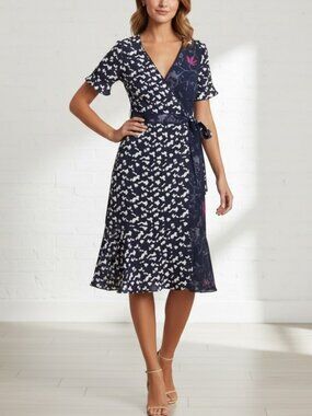 Tanya Taylor Luisa Wrap Dress Blue White Pink Floral Silk Size 4 EUC